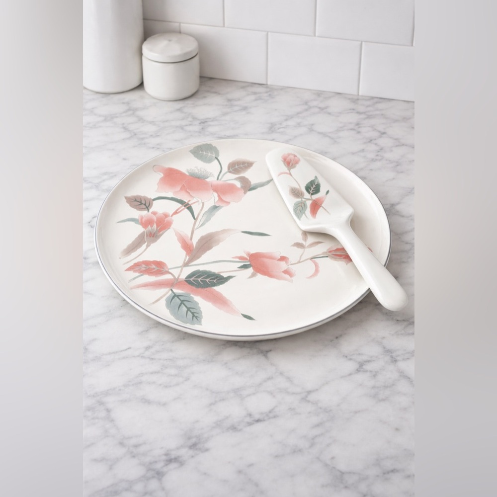 Mikasa Ceramic Pie Quiche Plate‎ Server with Spatula Set Silk Flowers Pattern
